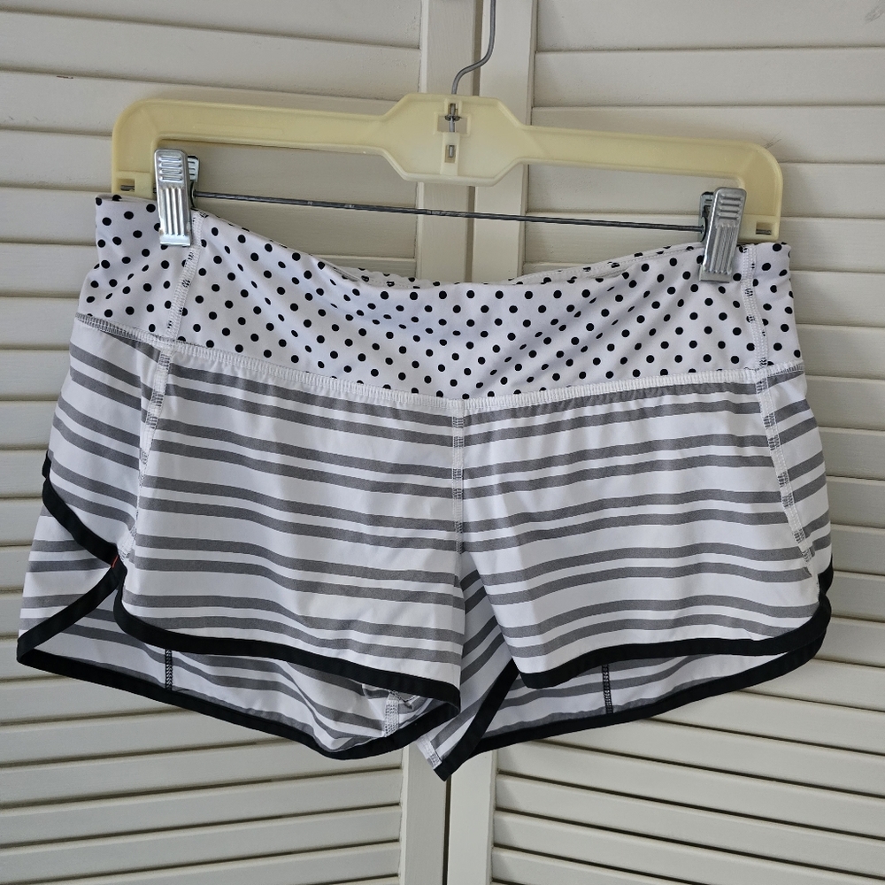 Lululemon Women’s Gray & White Striped Running Shorts with Polka Dot Waistband